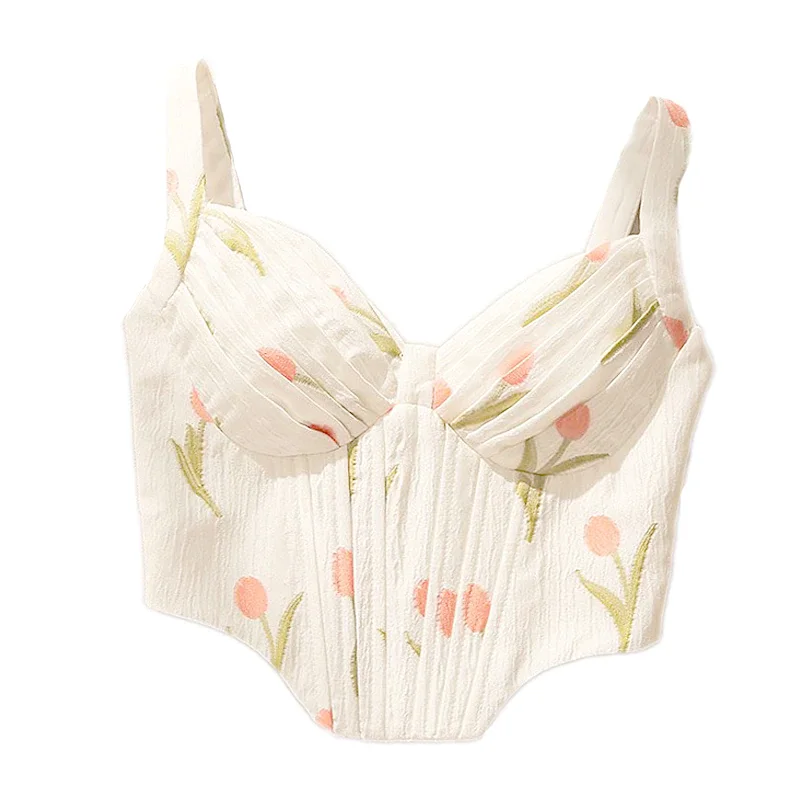 Billionm Sexy Floral Corset Crop Tops Women Camis Straps Backless Camisole Elegant Fashion Bustier Top Summer