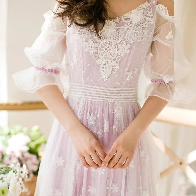 Purple Sweet Lace Gallus Princess Maxi Long Dress SP179230