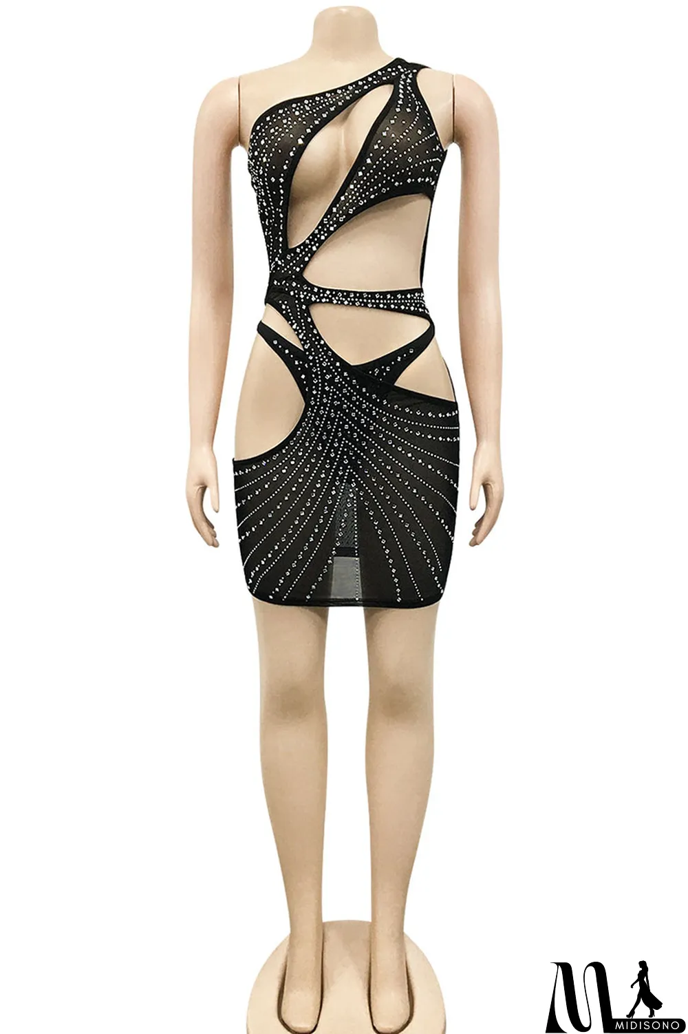 MidiSono - Black Sexy Solid Hollowed Out Split Joint Asymmetrical Hot Drill Oblique Collar One Step Skirt Dresses