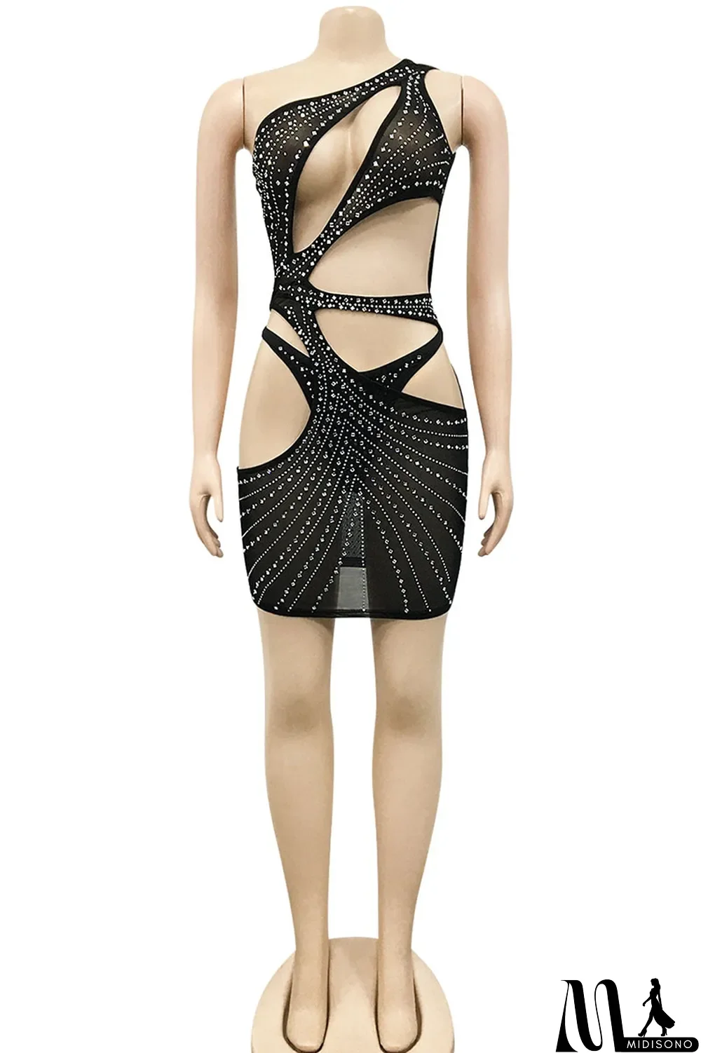 MidiSono - Black Sexy Solid Hollowed Out Split Joint Asymmetrical Hot Drill Oblique Collar One Step Skirt Dresses