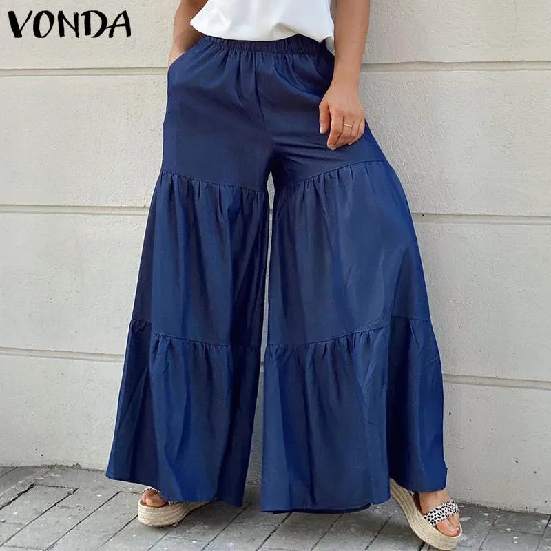 Casual Women Demin Wide Leg Pants 2022 VONDA Vintage Solid Color Elastic Waist Pleated Pants With Pockets Female Long Trousers