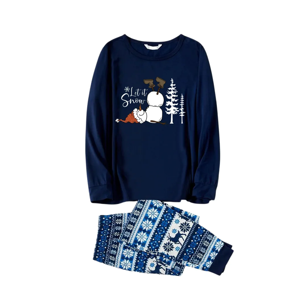 "Let it Snow" Slogan and Snowman Printed Blue Christmas Matching Pajamas