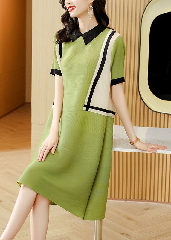 French Green Peter Pan Collar Patchwork 2022 Mid Dress Short Sleeve