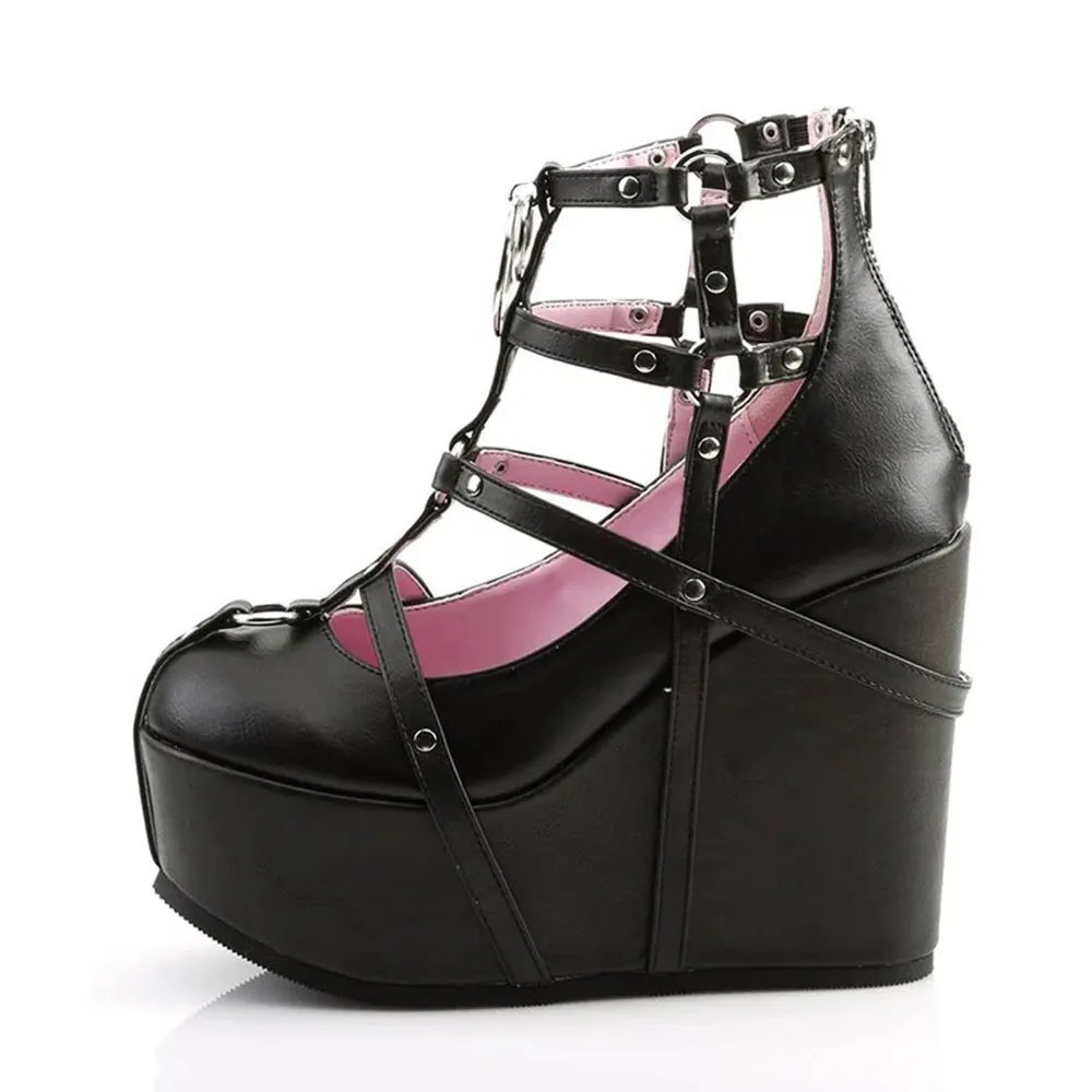 Round Toe Ankle Strap Platform Wedge Heel Studded Strappy Black Pumps
