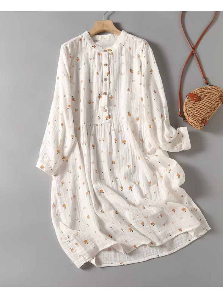 Wongn Colors-- Lamtrip Soft Cotton Yarn Stand Collar Long Sleeve Rustic Flowers Print Retro Middle Aged Women Dress