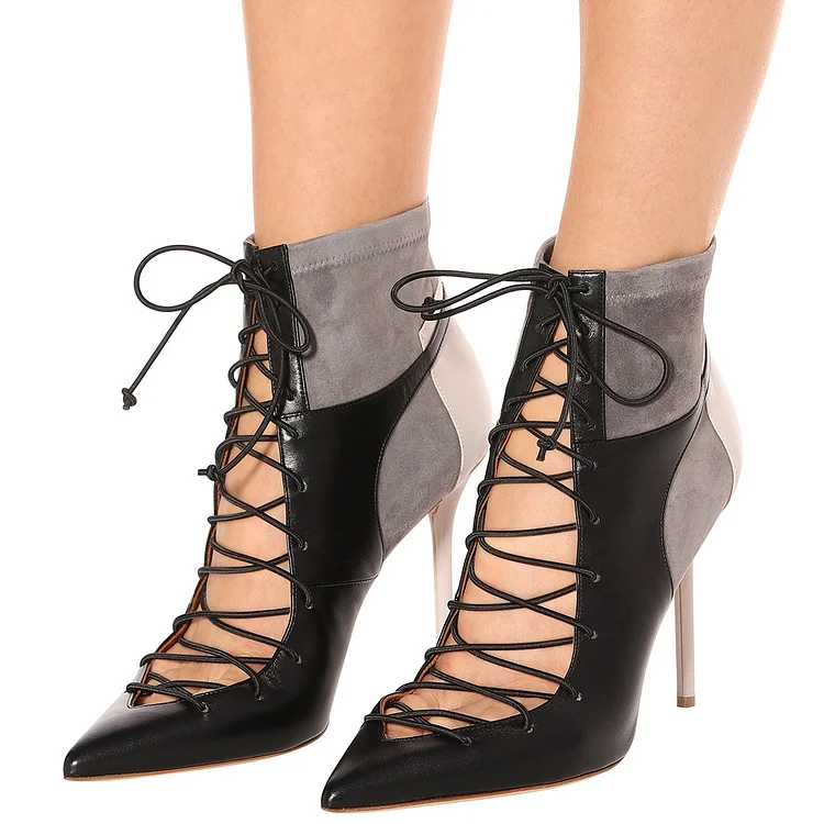 Black & Grey Lace-Up Boots Stiletto Heel Pointy Toe Cut Out Booties |FSJ Shoes