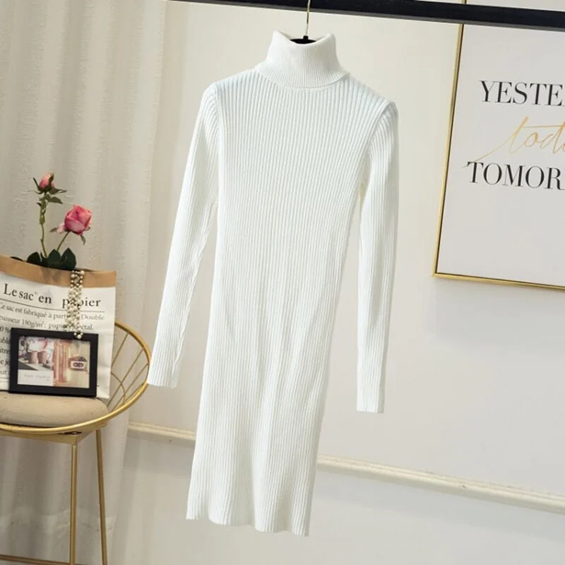 Women Office Lady Slim Pit Knitted Sweater Dress Long Sleeve Turtleneck Solid High Street Casual Dress 2021 Winter Fashion Dress