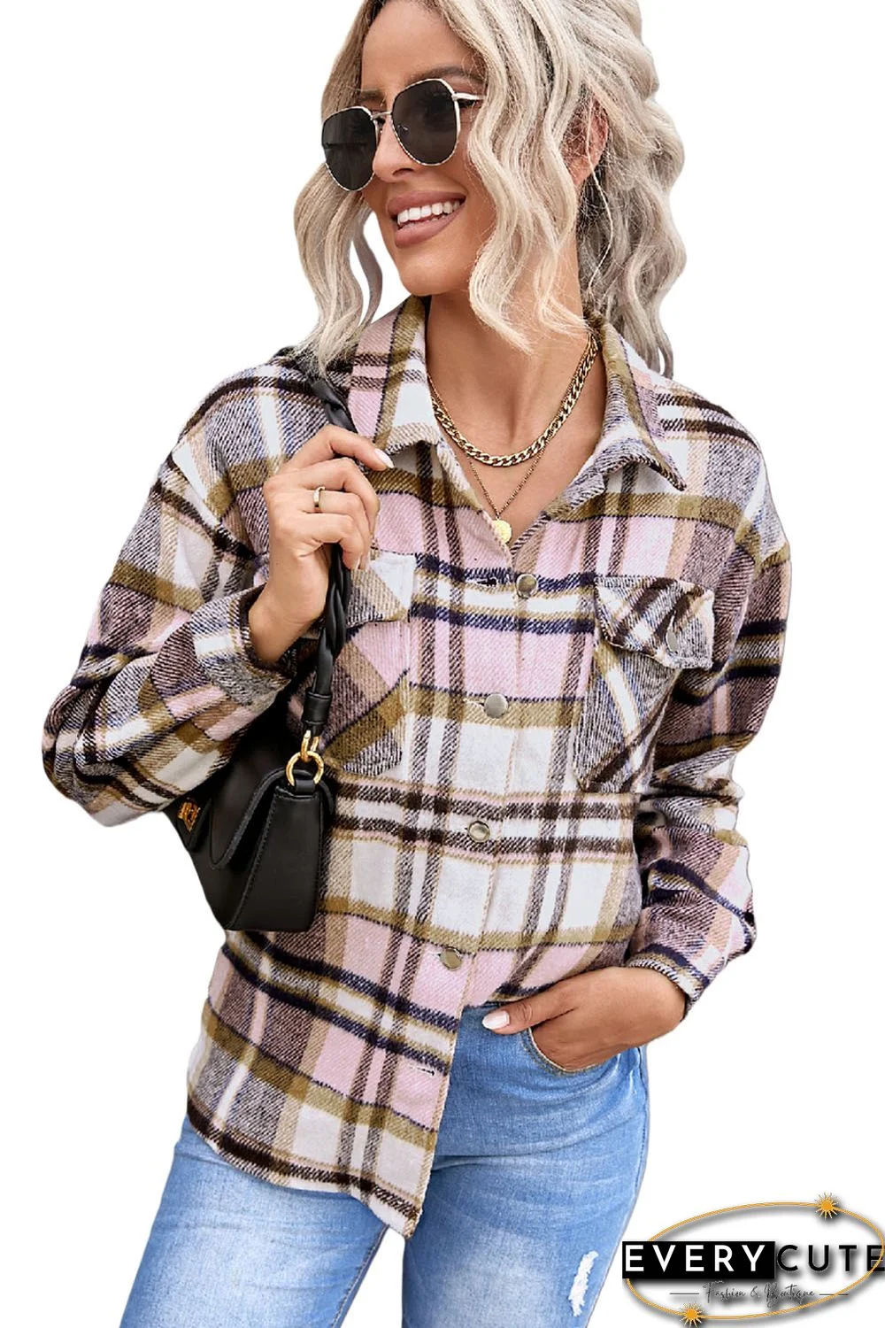 Pink Geometric Plaid Print Pocketed Shirt