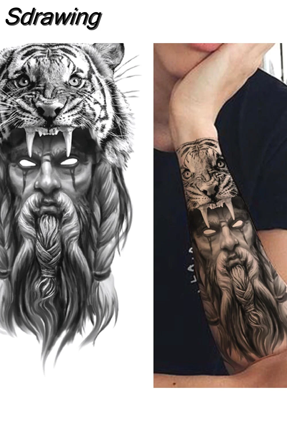 Sdrawing Forest Tattoo Sticker For Men Women Children Tiger Wolf Death Skull Temporary Tattoo Fake Henna Skeleton King Animal Tatoo 430-0