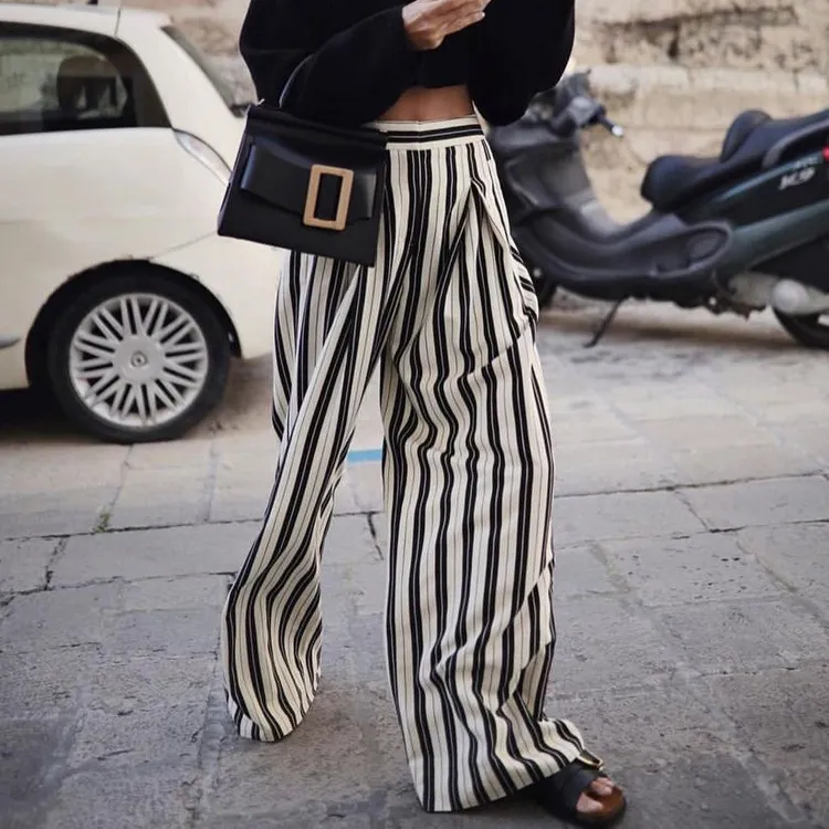 Churchf Churchf Women's Black And White Striped Wide Leg Pants 2023 New Casual Show Thin High Waist Loose Hanging Floor Pants Women
