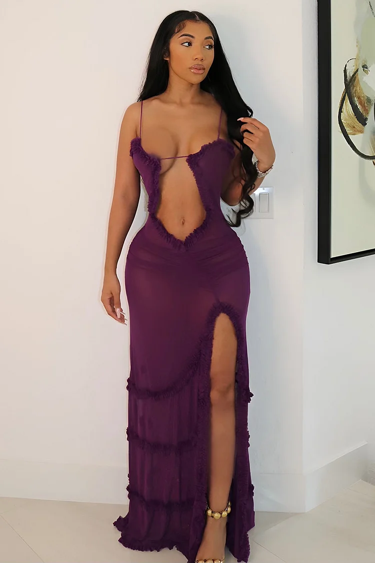 Ruffle Neck See-Through High Slit Party Cami Maxi Dresses-Purple