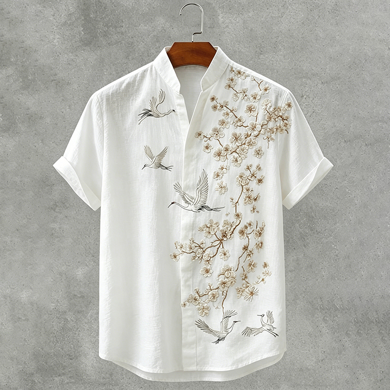 Japanese Style Cherry Blossom And Cranes Art Embroidered Short Sleeve Shirt elevenforest