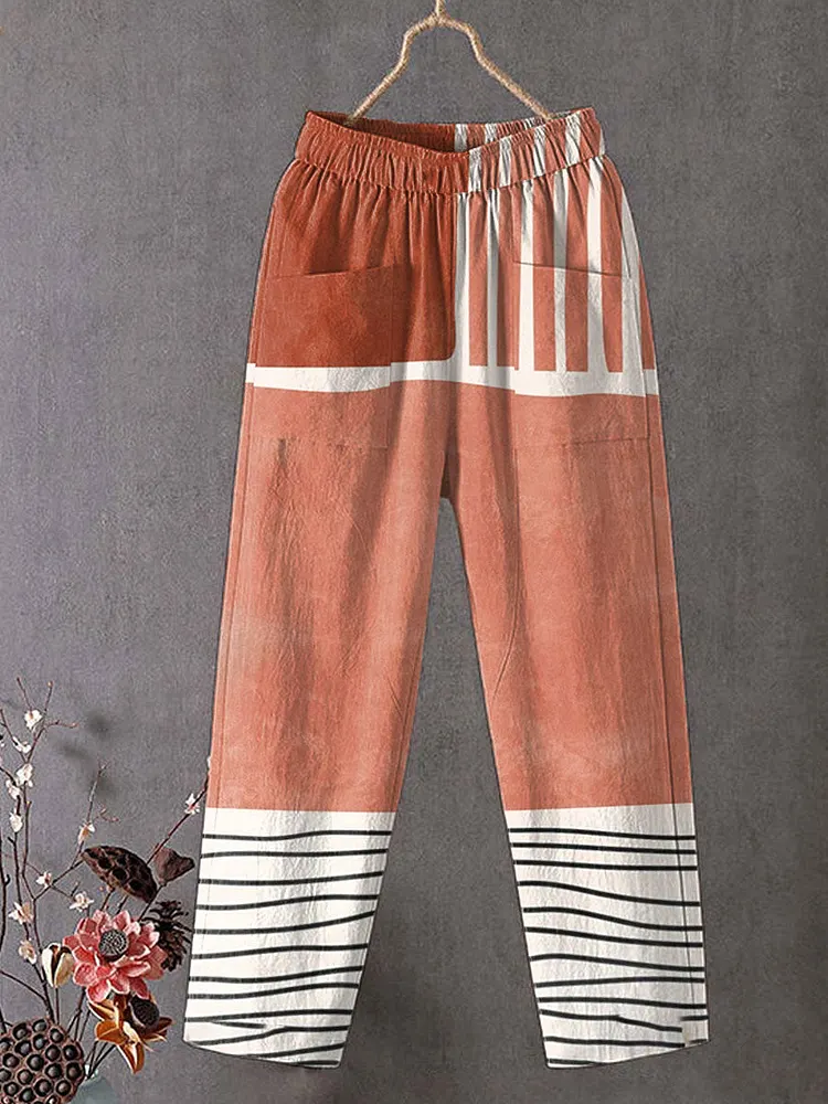 Women's Vintage Abstract Geometric Art Print Cotton And Linen Casual Pants