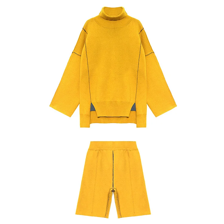 Irregular Solid Color Knitted High-Neck Suit - yankia