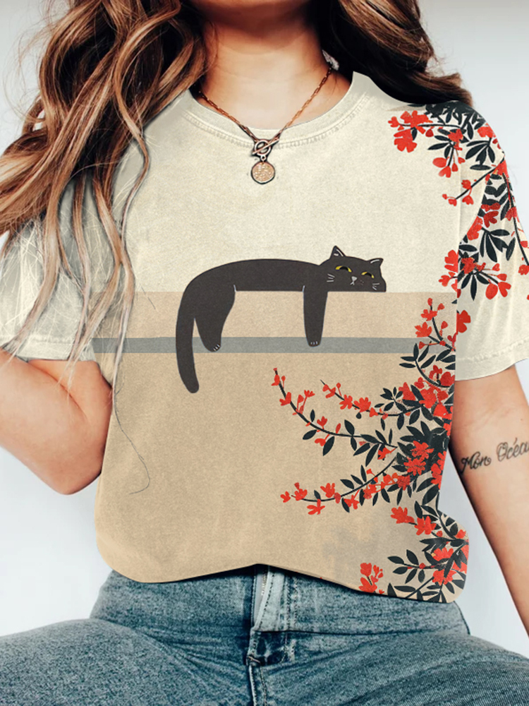 Comstylish Abstract Creative Lazy Cat Lying On The Balcony Painting Art T-Shirt
