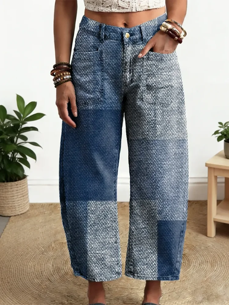 Women's Geometric Pattern Art Print Casual Cotton Denim Pants socialshop