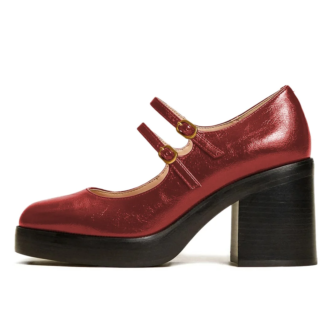 Red Chunky Heel Double Buckle Strap Mary Jane Platform Shoes