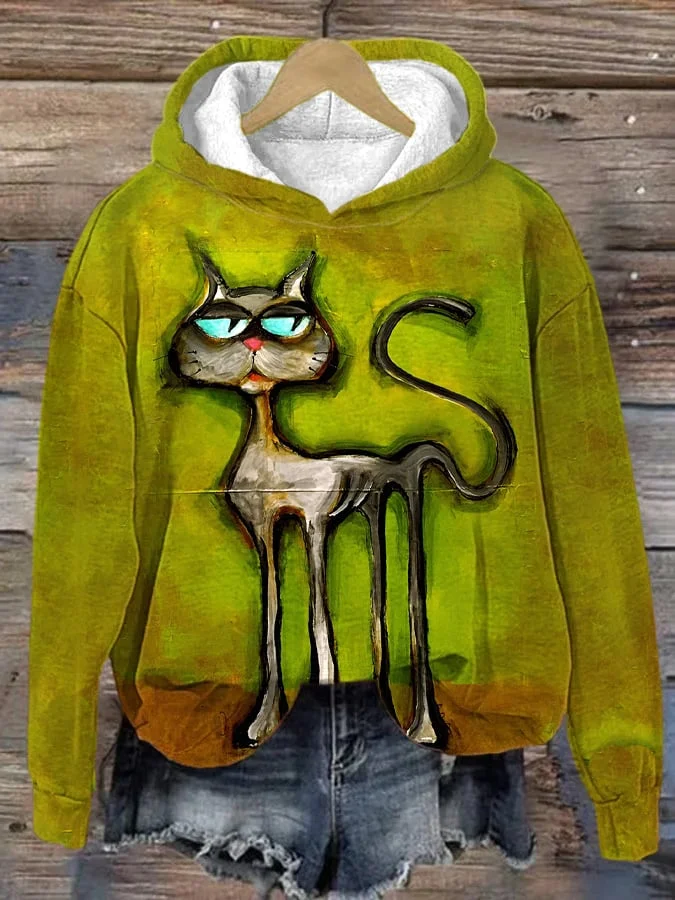 Women's Cat Art Print Hooded Sweatshirt