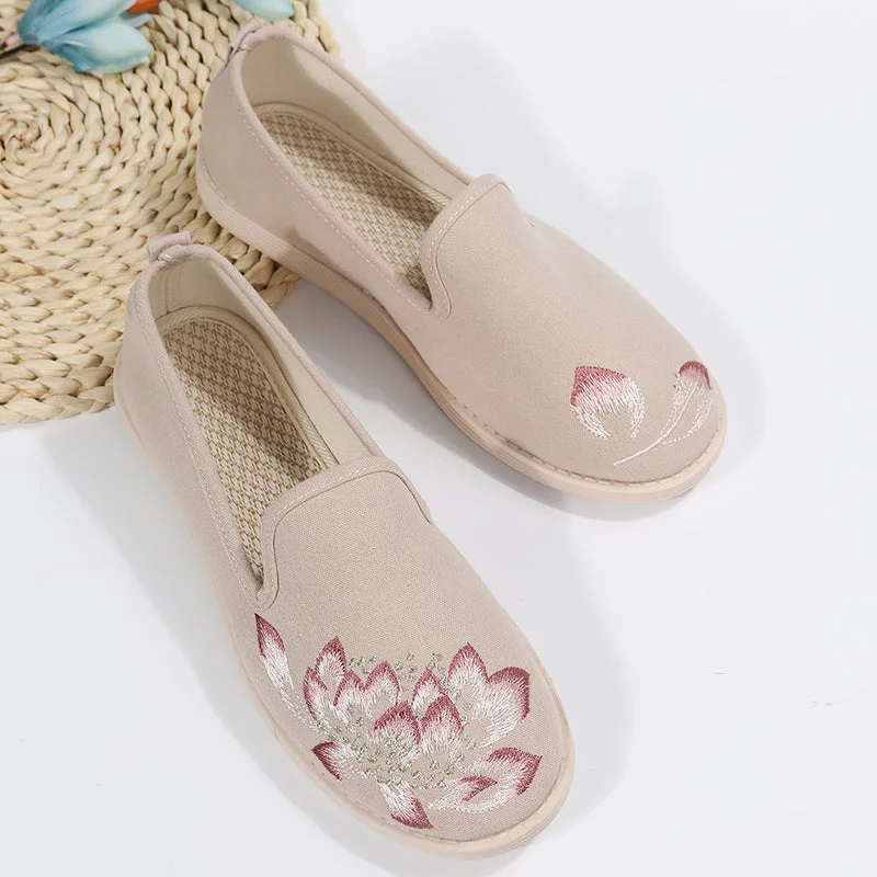 Back To School Women Casual Cotton Fabric Embroidered Loafers Ladies Slip On Comfortable Driving Walking Flat Sneakers Shoes Grey Green