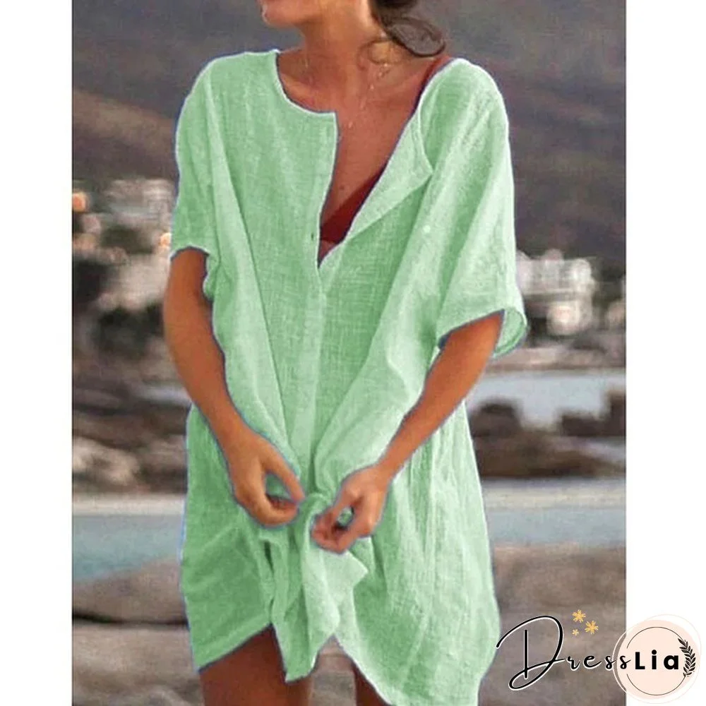 Plus Size Fashion Summer Women's Casual Beach Wear Swimwear Cover-up Linen Dress Loose Short Sleeve Deep V-neck Solid Color Mini Party Dress