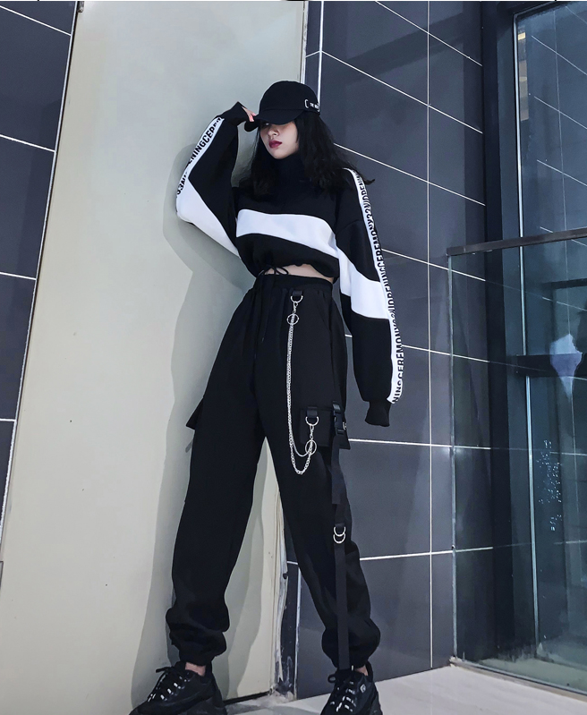 Sports Hoodie and High Waist Chained Cargo Pants Set