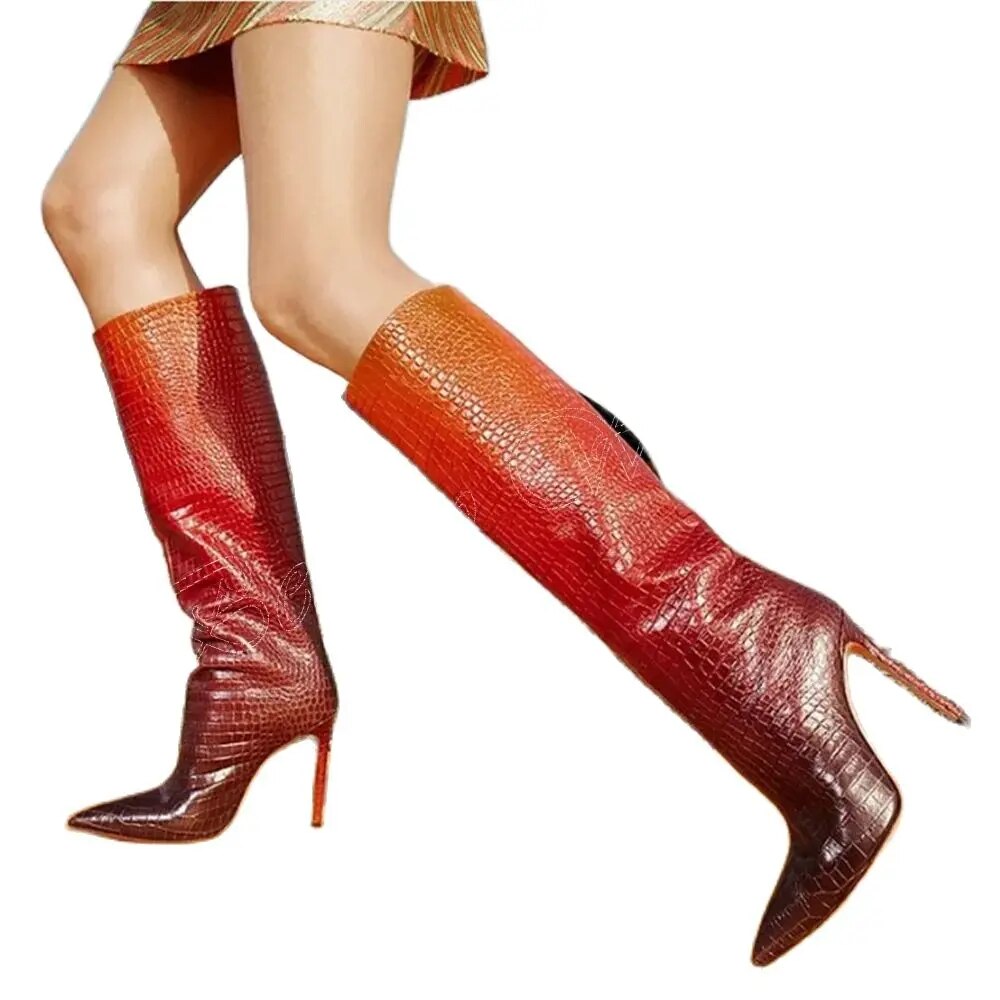 VCSHOES Brown Gradient Color Knee High Boots Thin High Heel Pointed Toe Shoes For Women High Heel Zapatillas Mujer