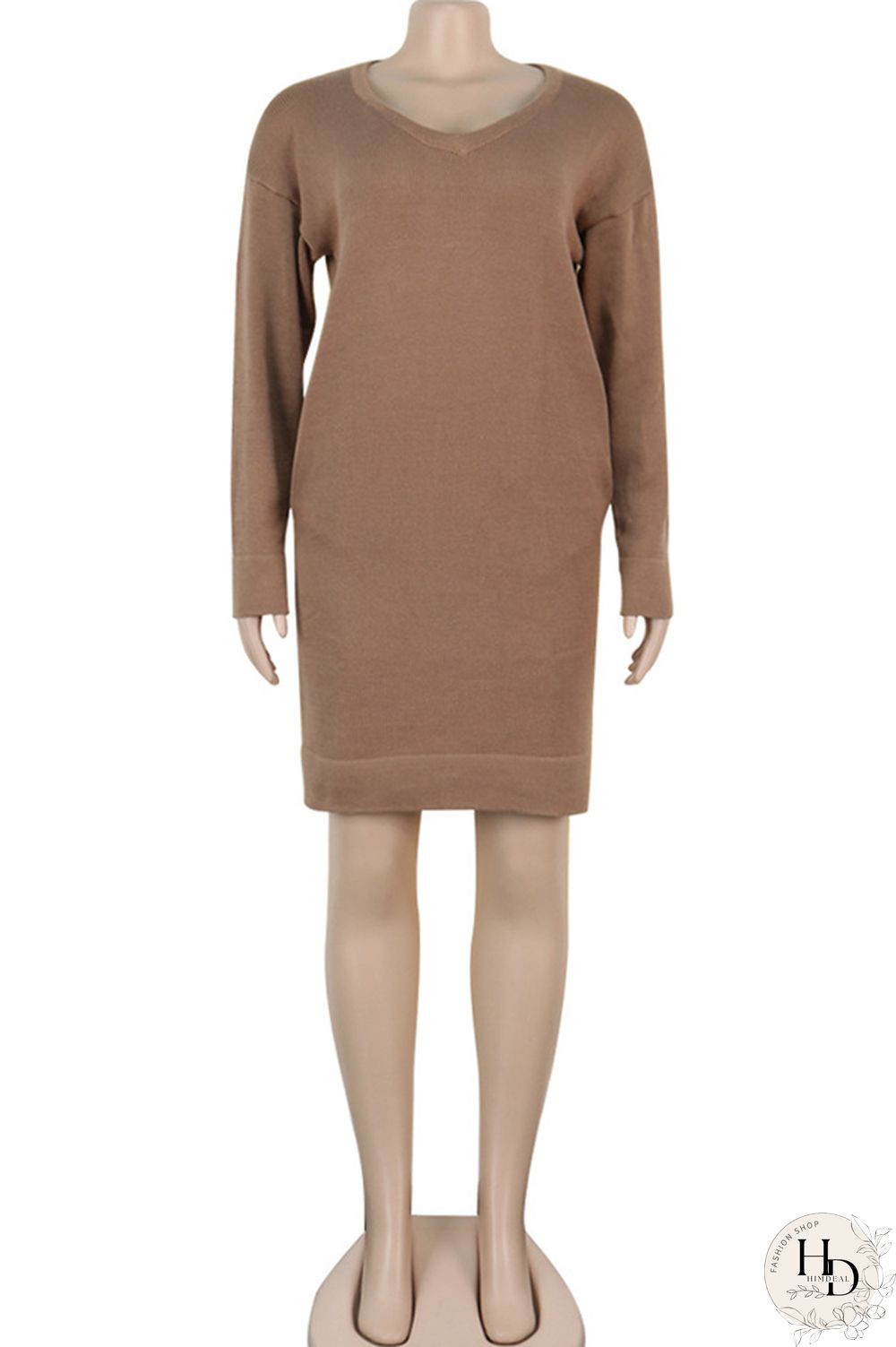 Olive green Acetyl fiber Sexy Cap Sleeve Long Sleeves V Neck Straight Knee-Length Solid