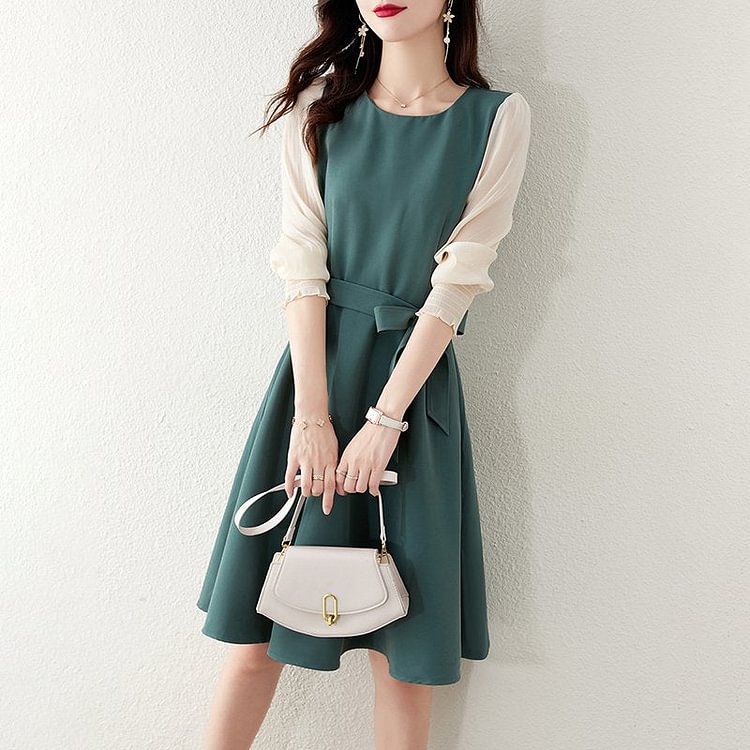Mint Long Sleeve Paneled A-Line Dresses