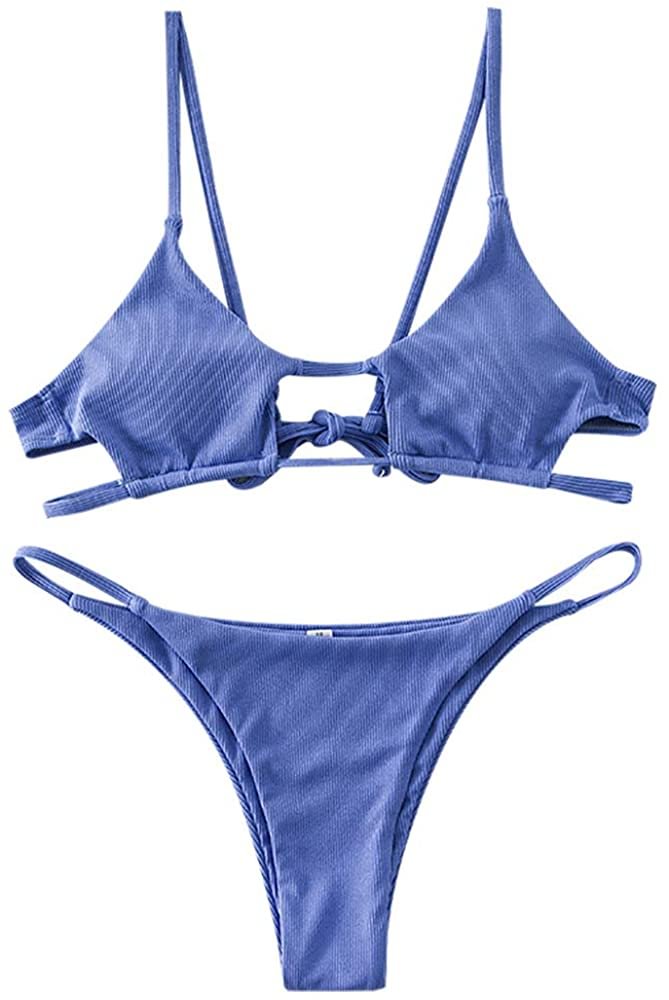 Women's Cutout Spaghetti Strap Lace Up Ribbed Cami Bikini Set Swimsuit