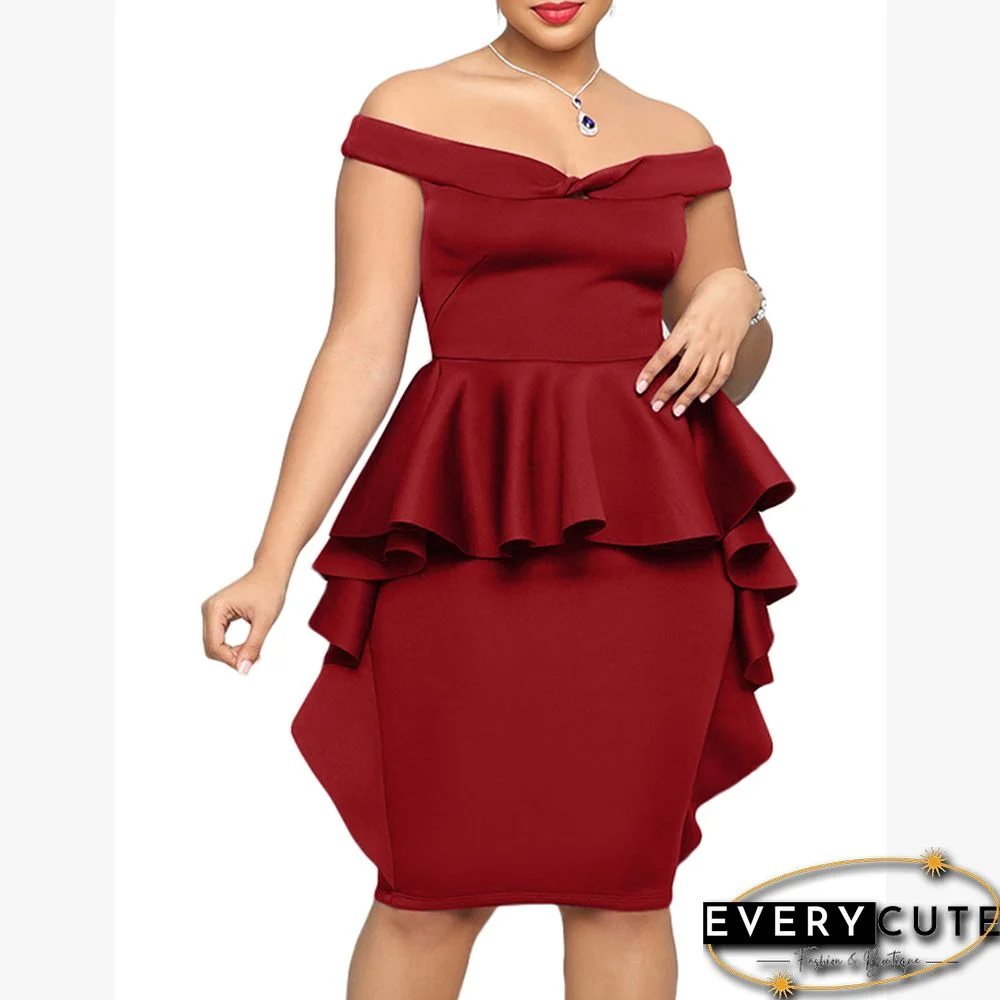 Red Off Shoulder Ruffled Pencil Dress