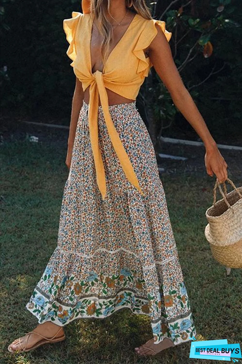 Floral Print Drawstring Waist Maxi Skirts
