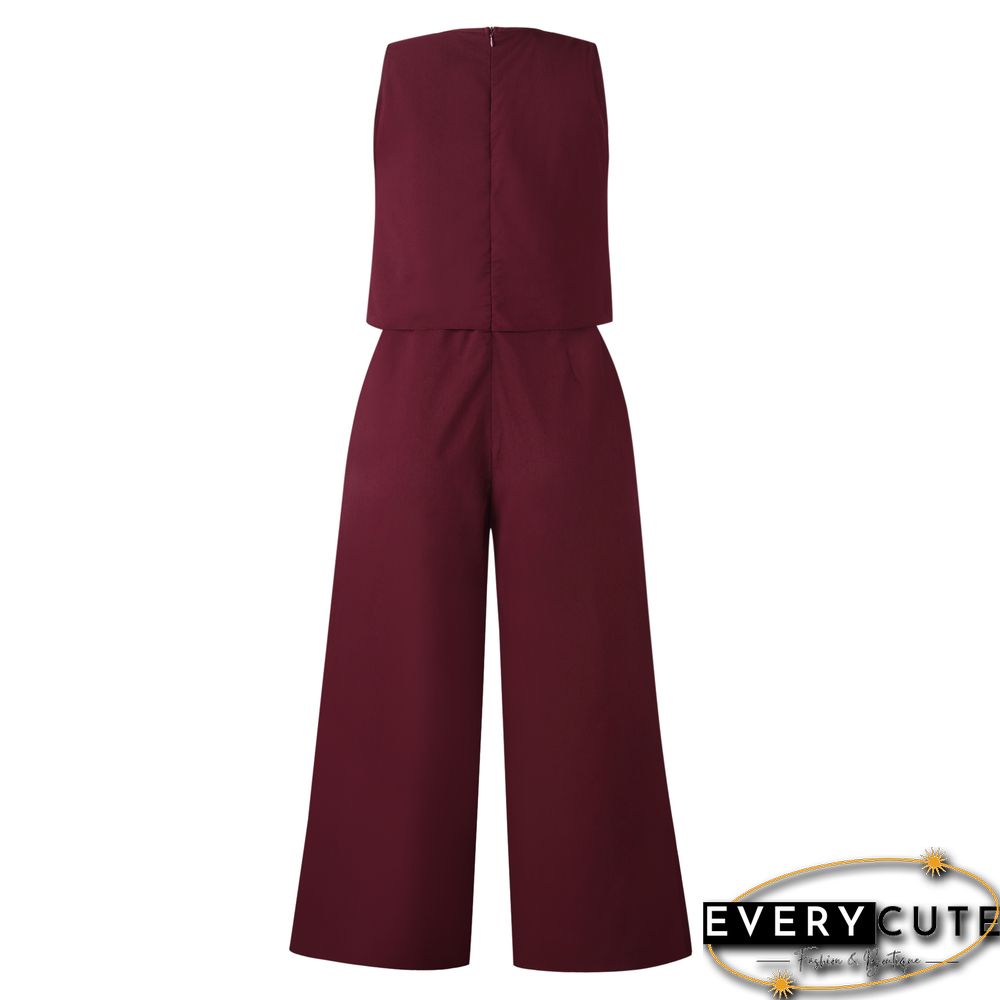 Wine Sleeveless Wide Leg Jumpsuit