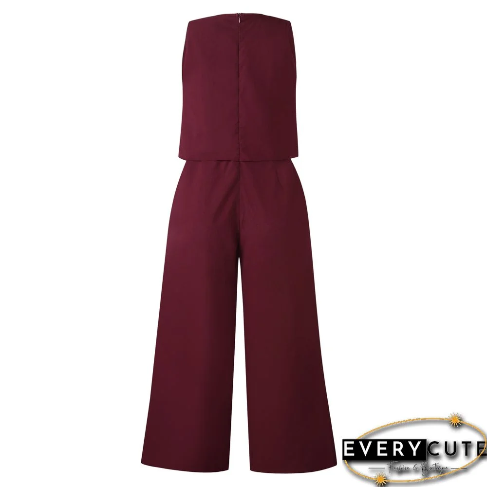 Wine Sleeveless Wide Leg Jumpsuit
