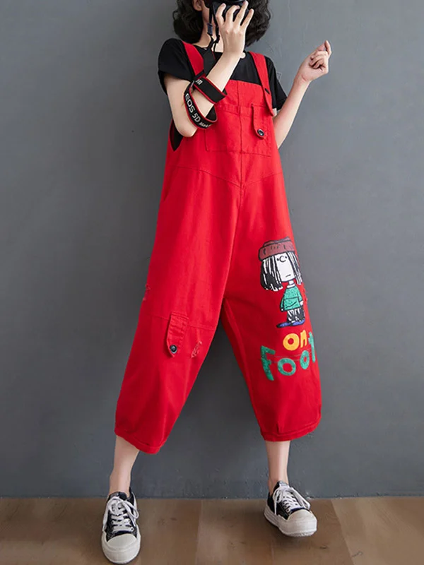 Charming Cartoon-Printed Puff Denim Overalls for a Playful Look