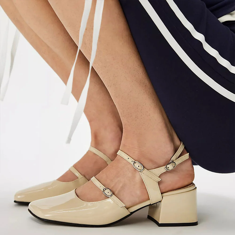 Simple Beige Square Toe Buckle Strap Block Heeled Mary Janes