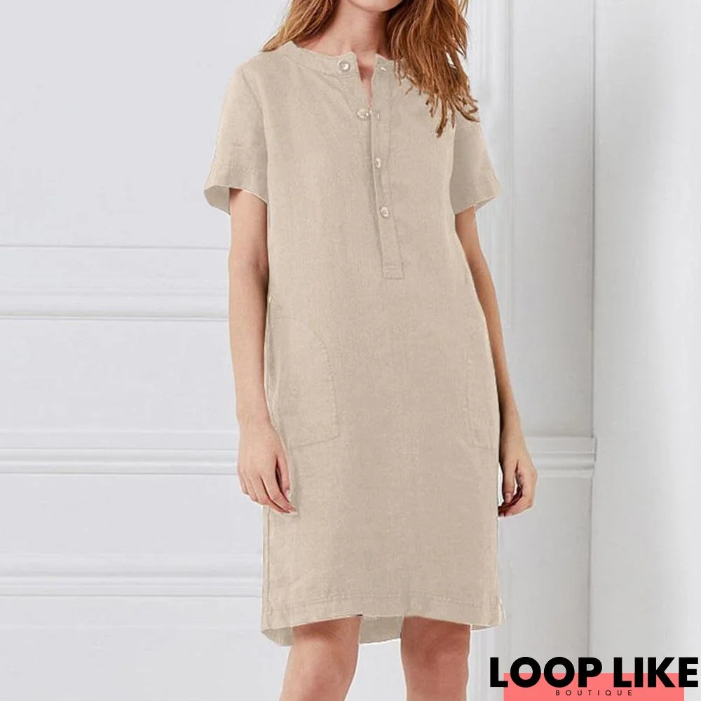 Cotton and Linen Loose Short Sleeve Mid Length Dress
