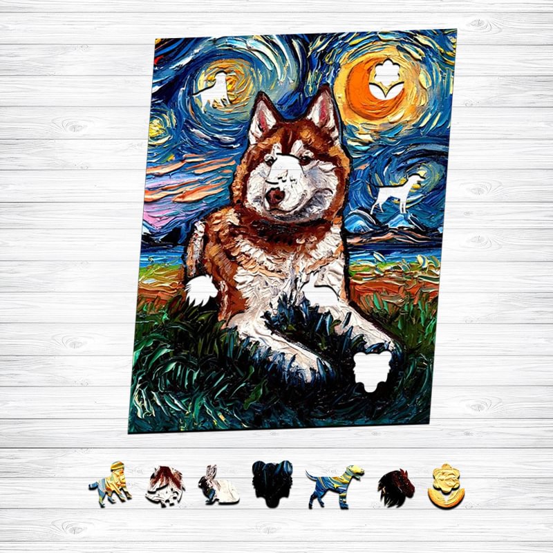 Jeffpuzzle™-JEFFPUZZLE™ Van Gogh Starry Sky - Alaskan Dog Wooden Puzzle