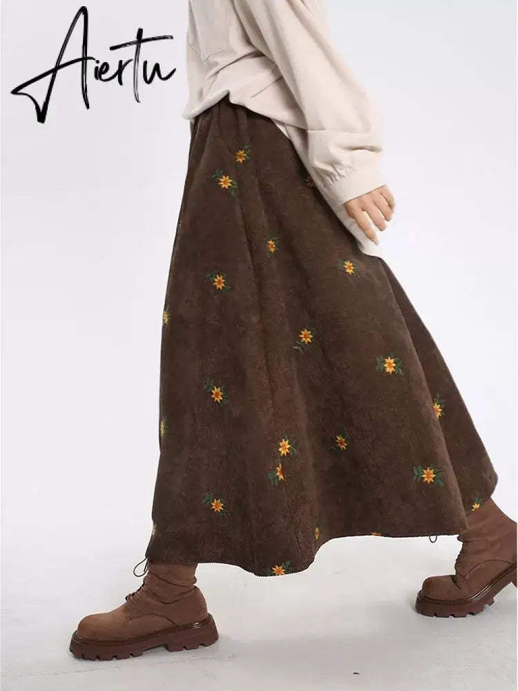 Korean Style High Waist Corduroy Embroidery Long Skirt Women Autumn Winter Loose Floral A-line Skirt Casual Retro Skirt Elegant Aiertu