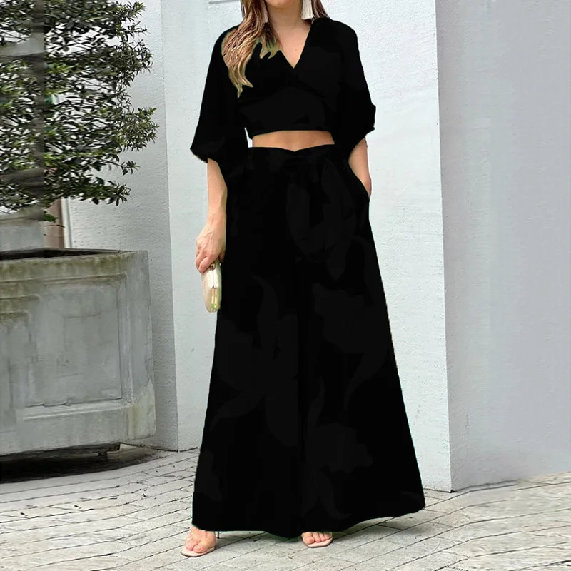 Brownm Brownm Women's V-Neck Lantern Sleeve Short Long Sleeve Top Wide Leg Pants Fashion Casual Suit Women