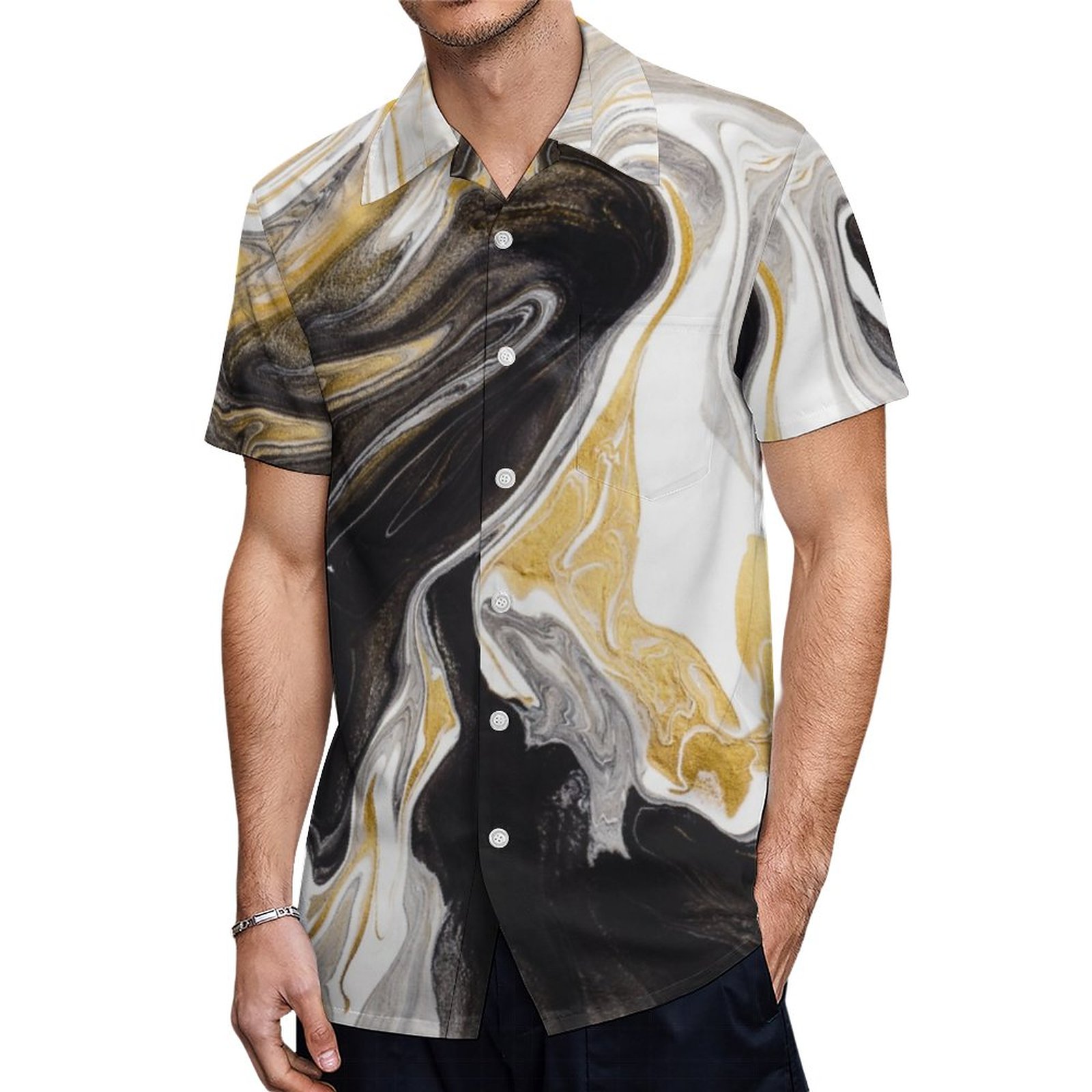 Abstract Black And Gold Swirl Liquid Ink Marble Hawaiian Shirt Mens Button Down Tropical Hawaii Beach Shirts