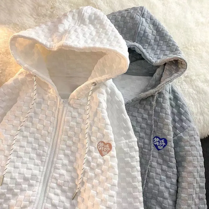 Uveng Uveng Early Autumn New Hoodie Female Loose Waffle Korean Version Of Versatile Design Sense Long Sleeve Cardigan Coat