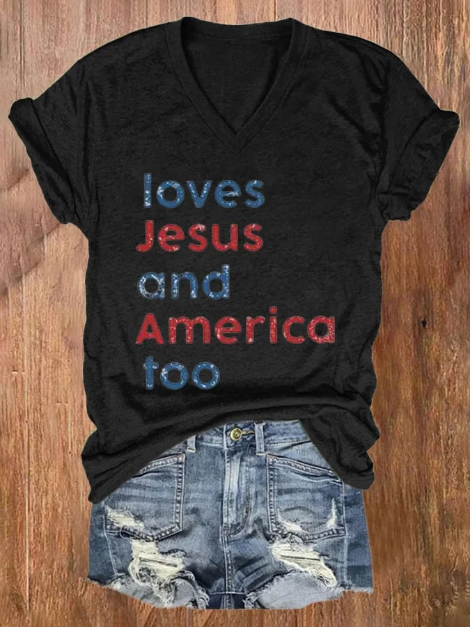 Women'S Loves Jesus And America Too Print Short Sleeve Casual T-Shirt socialshop