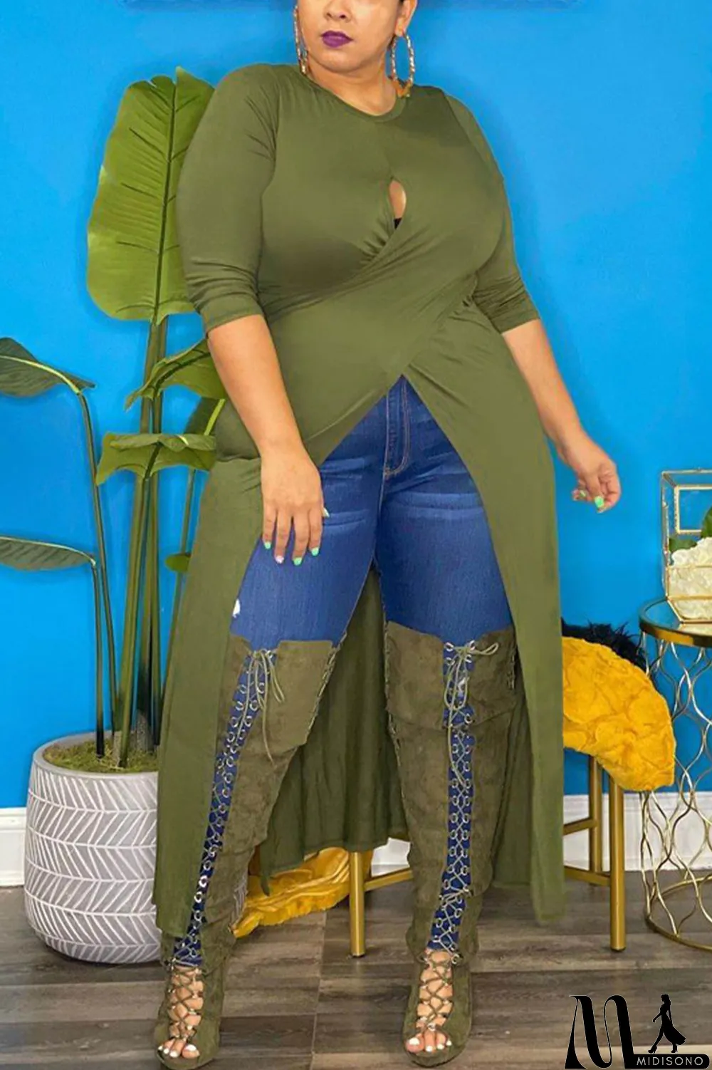 MidiSono - Army Green Sexy Solid Hollowed Out Slit O Neck Plus Size