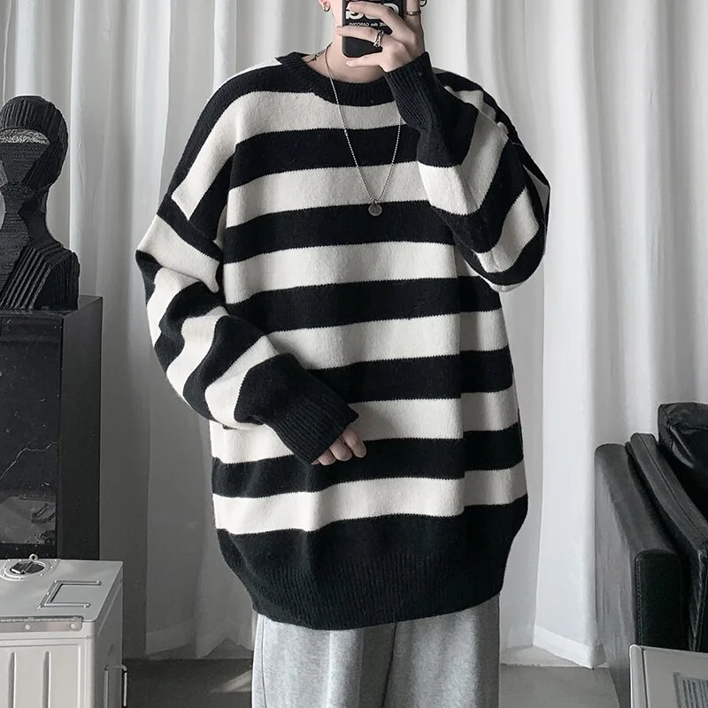 Aonga Atumn Outfits     Men's Winter Sweater Harajuku Fashion Striped Sweter Oversize Pullover Warm Knitted Sweater Men's Clothing