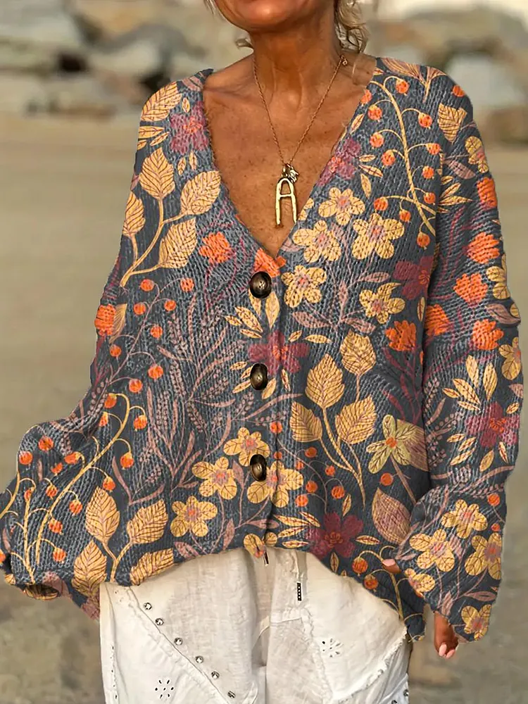 Women's Vintage Floral Art Print Casual Pullover Sweater