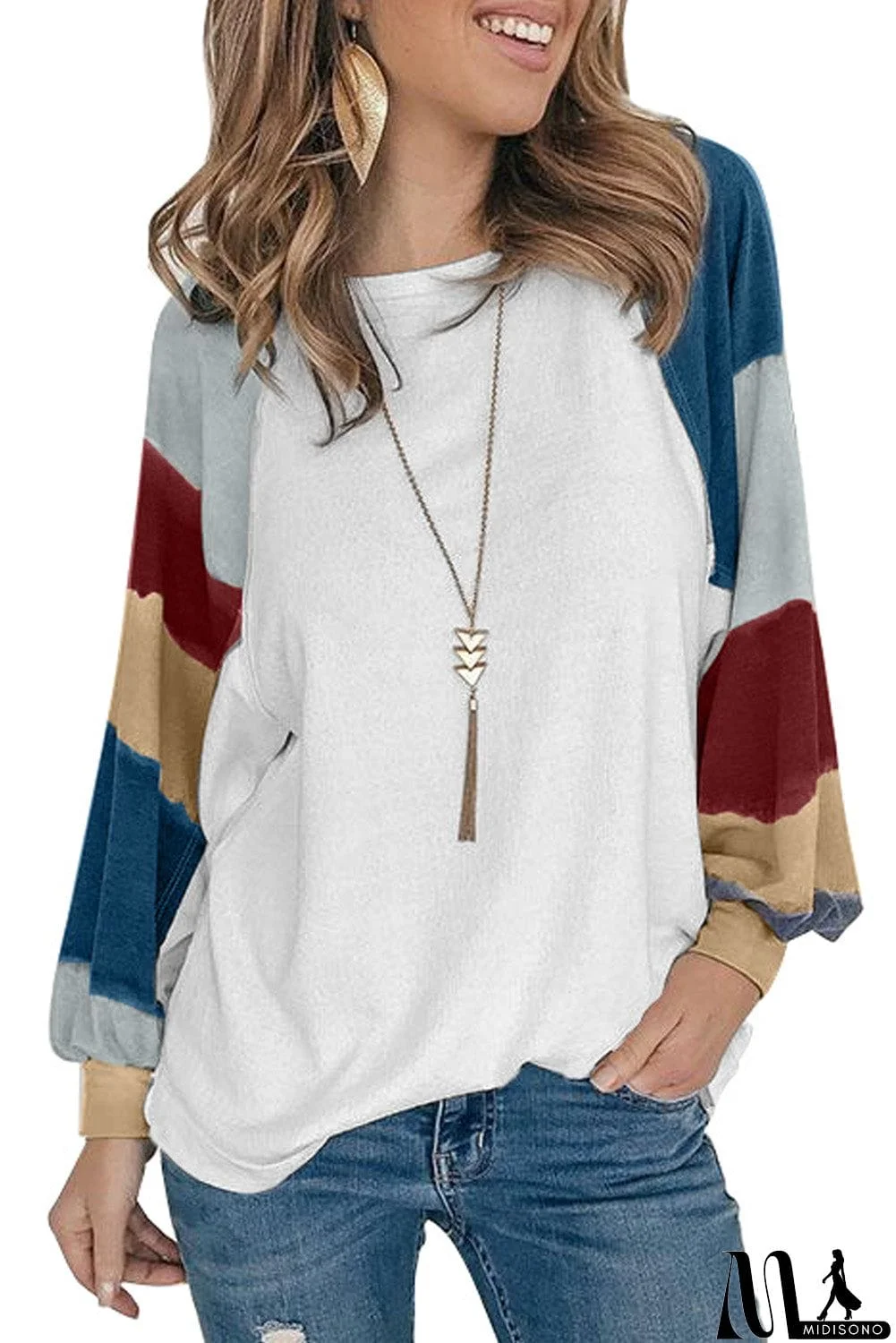MidiSono - Lantern Sleeve Color Block Pullover Loose T-shirts