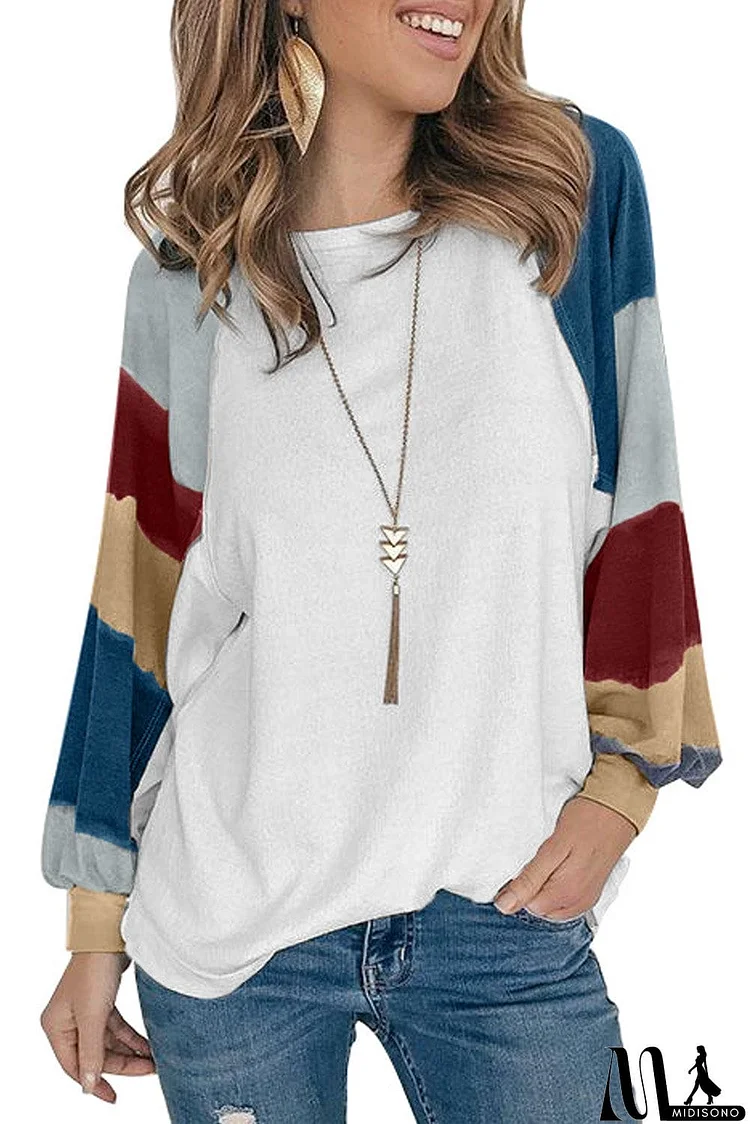 Lantern Sleeve Color Block Pullover Loose T-shirts