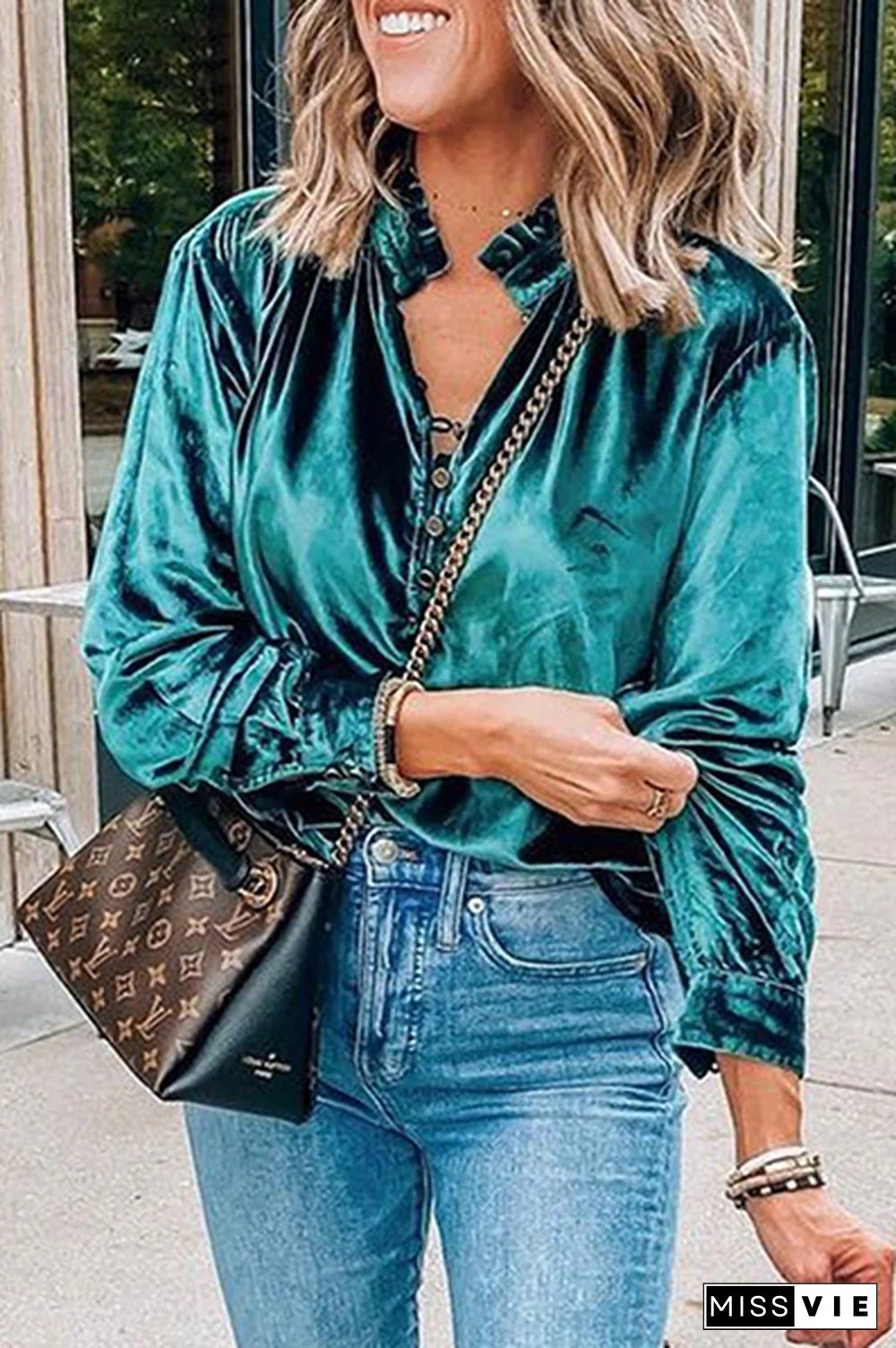 Casual Solid Split Joint Buckle Mandarin Collar Tops