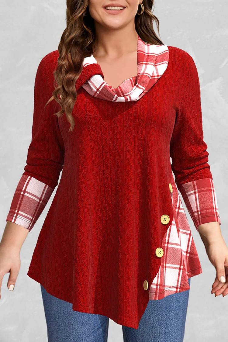 Flycurvy Plus Size Casual Red Knitted Plaid Patchwork Cowl Neck Blouse  Flycurvy [product_label]