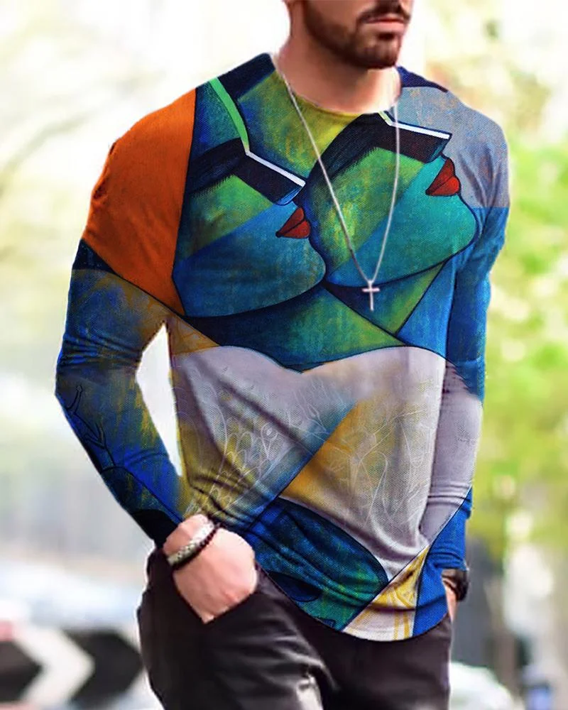 men's long-sleeved T-shirt with abstract color block printing